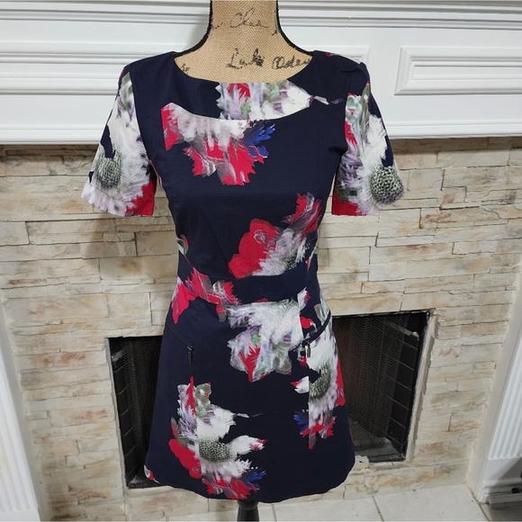 French‎ connection navy and pink pixelated floral cut out dress size 6 - Picture 1 of 9